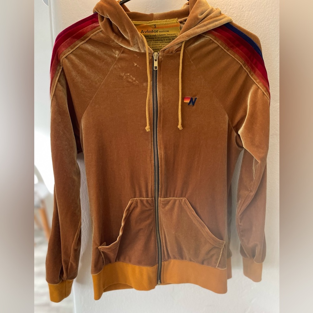 Aviator Nation Classic Velvet Zip Up Hoodie Jacket In Gold